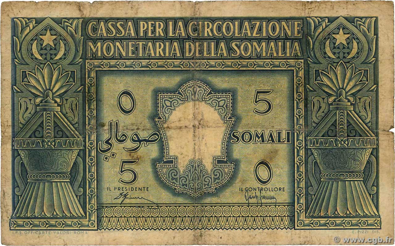 5 Somali ITALIAN SOMALILAND  1950 P.12a VG