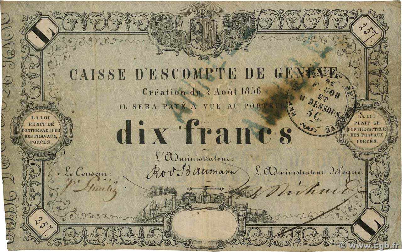 10 Francs Annulé SUISSE  1856 PS.311b RC+