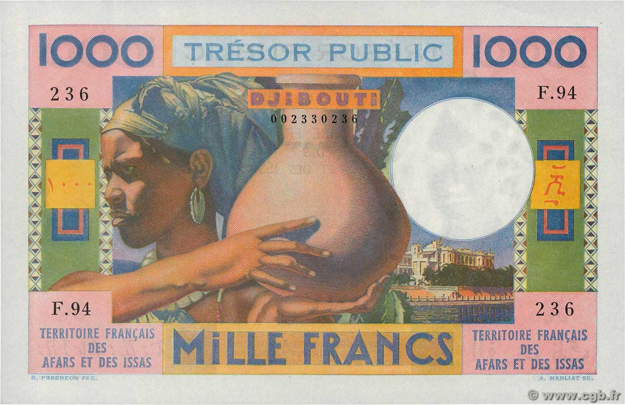 1000 Francs FRENCH AFARS AND ISSAS  1974 P.32 AU+