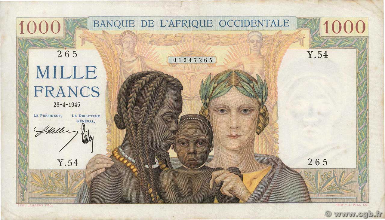 1000 Francs FRENCH WEST AFRICA  1945 P.24 BB