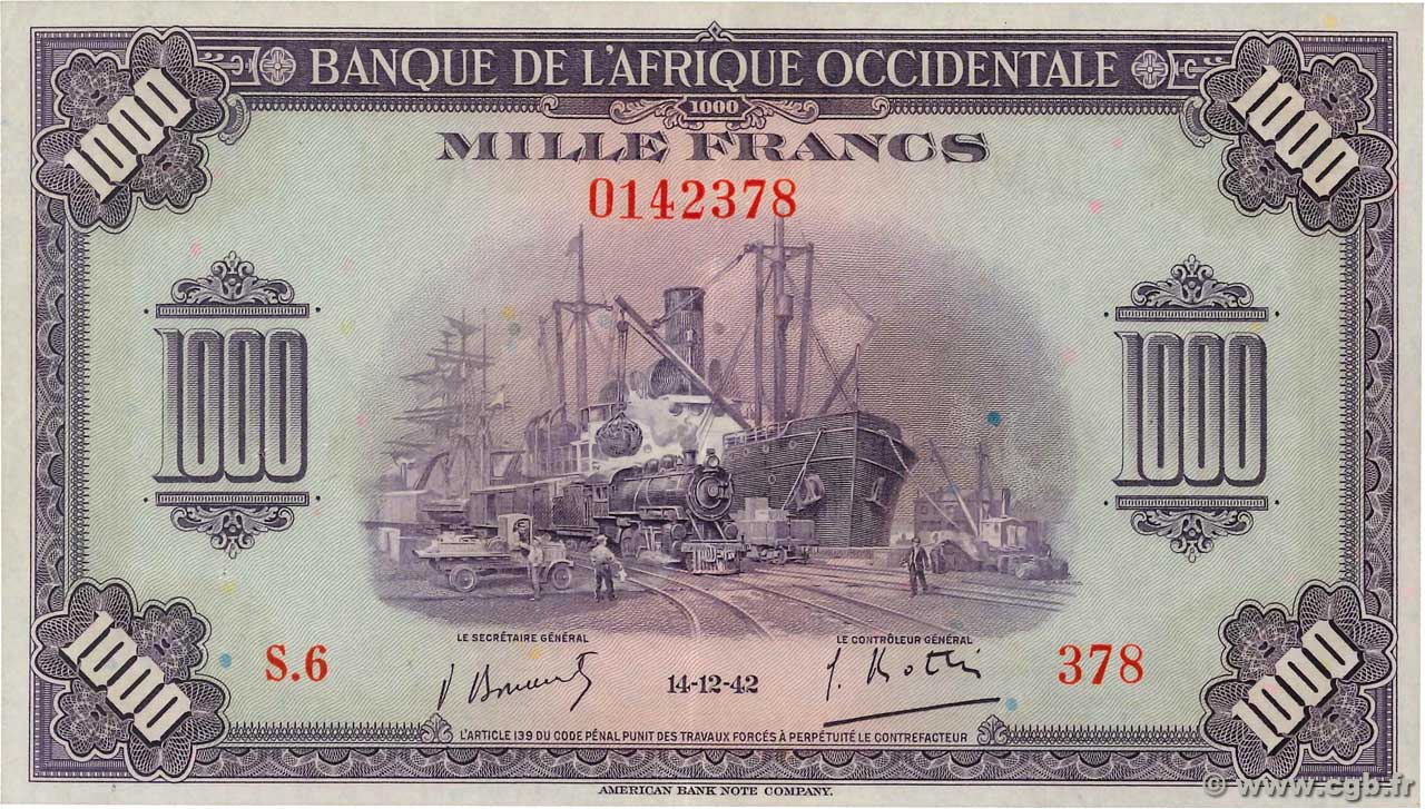1000 Francs FRENCH WEST AFRICA  1942 P.32a EBC+