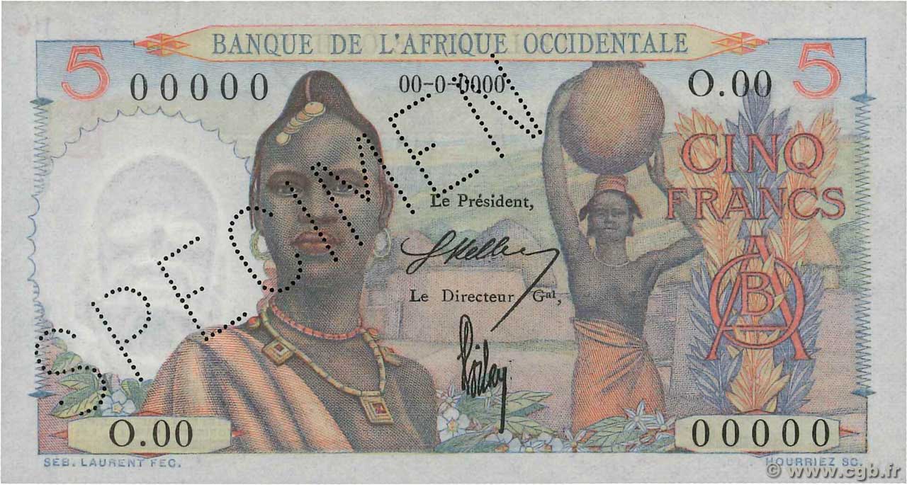 5 Francs Spécimen FRENCH WEST AFRICA (1895-1958)  1943 P.36s UNC-