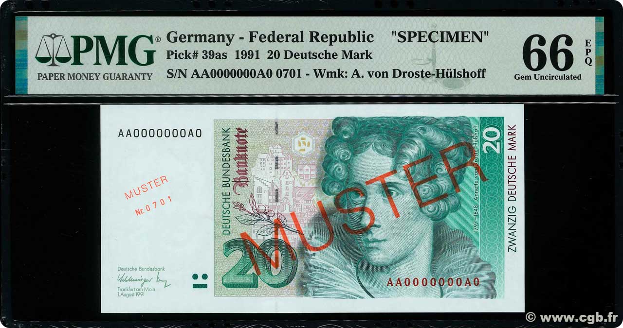 20 Deutsche Mark Spécimen GERMAN FEDERAL REPUBLIC  1991 P.39as FDC
