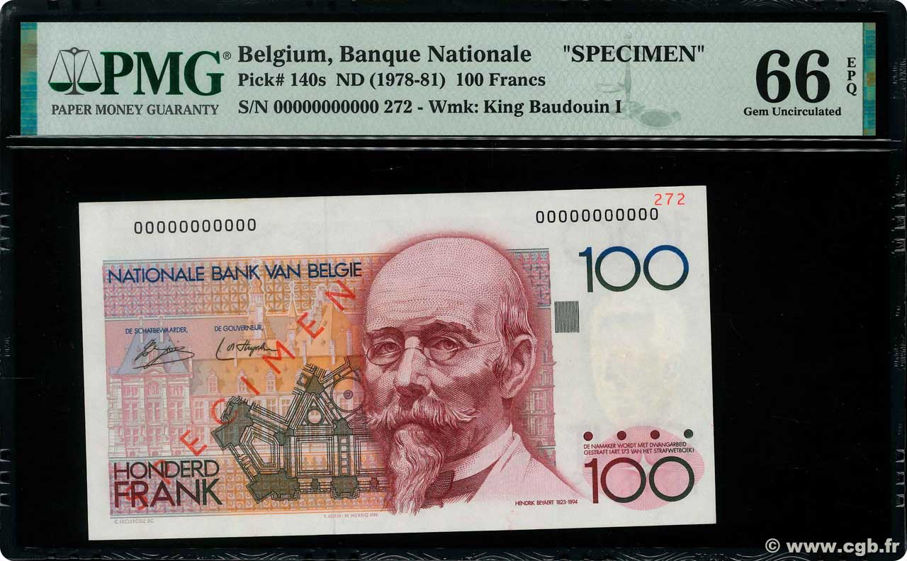 100 Francs Spécimen BÉLGICA  1978 P.140s FDC