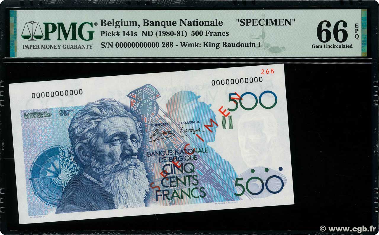 500 Francs Spécimen BELGIEN  1980 P.141s ST