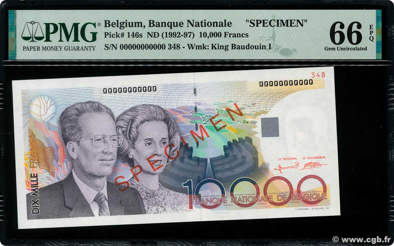 10000 Francs Spécimen BÉLGICA  1992 P.146s FDC