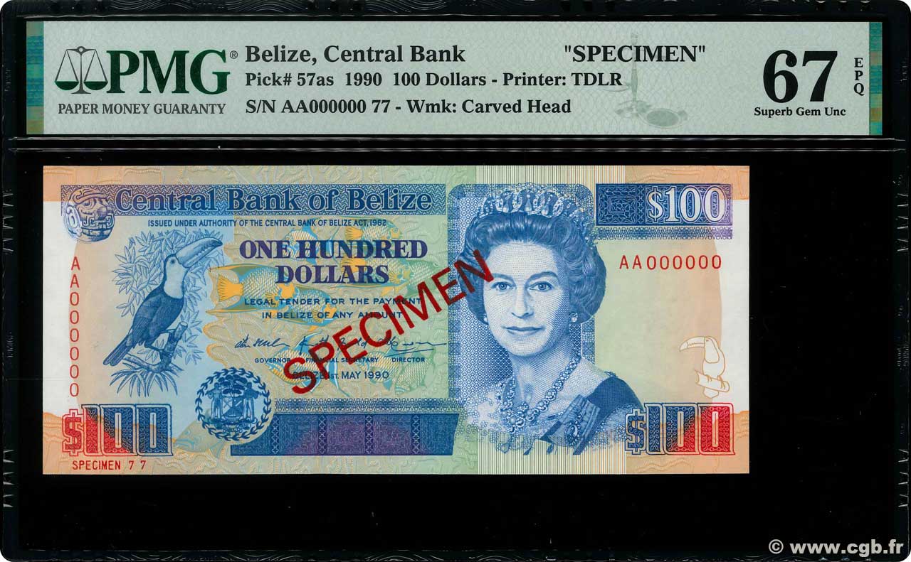 100 Dollars Spécimen BELIZE  1990 P.57as NEUF
