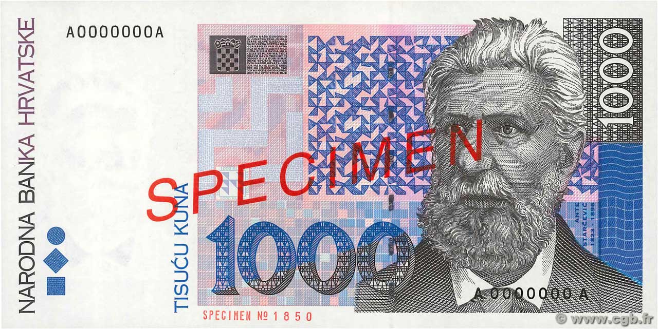 1000 Kuna Spécimen KROATIEN  1993 P.35s ST