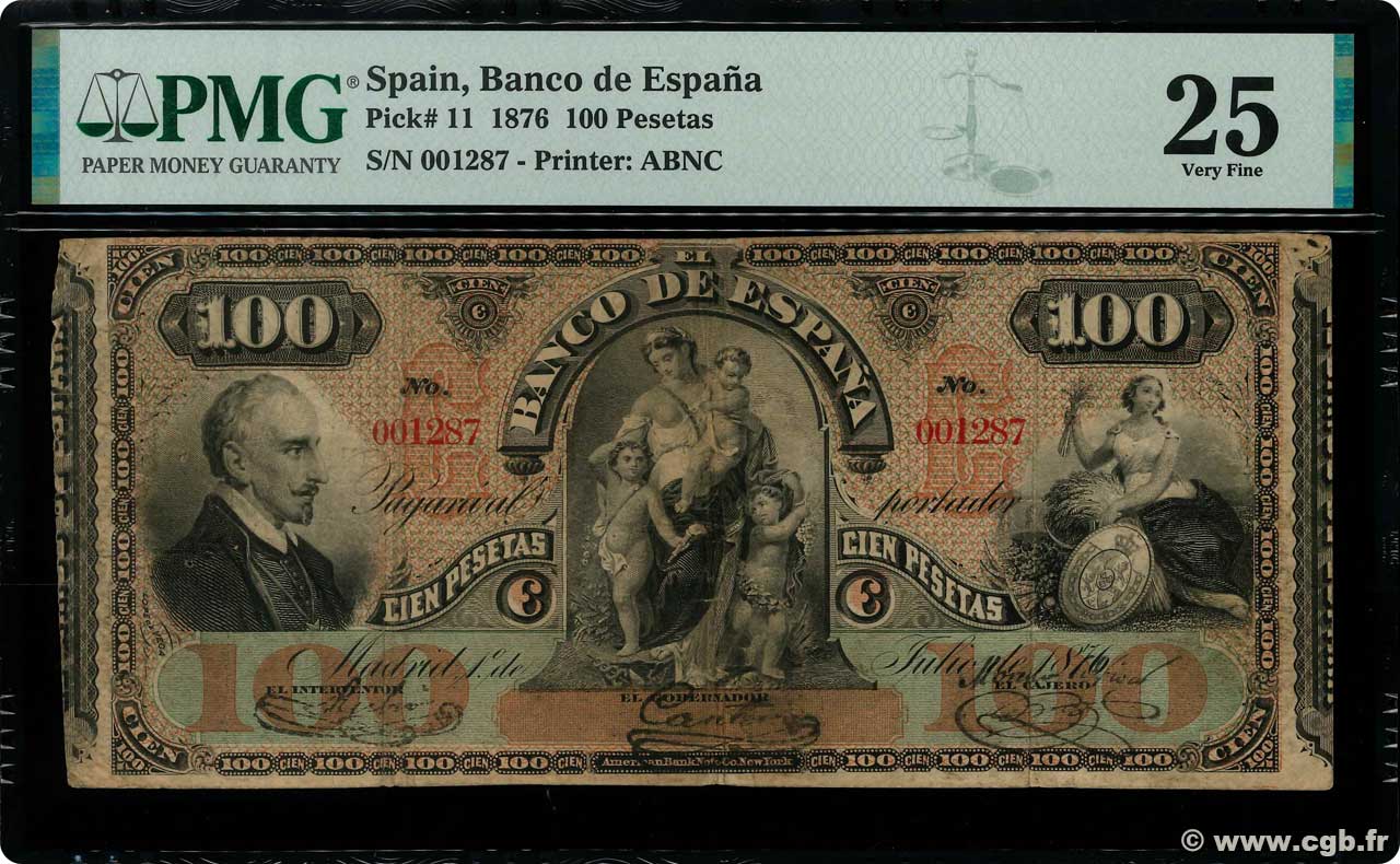 100 Pesetas SPAIN  1876 P.011 VF