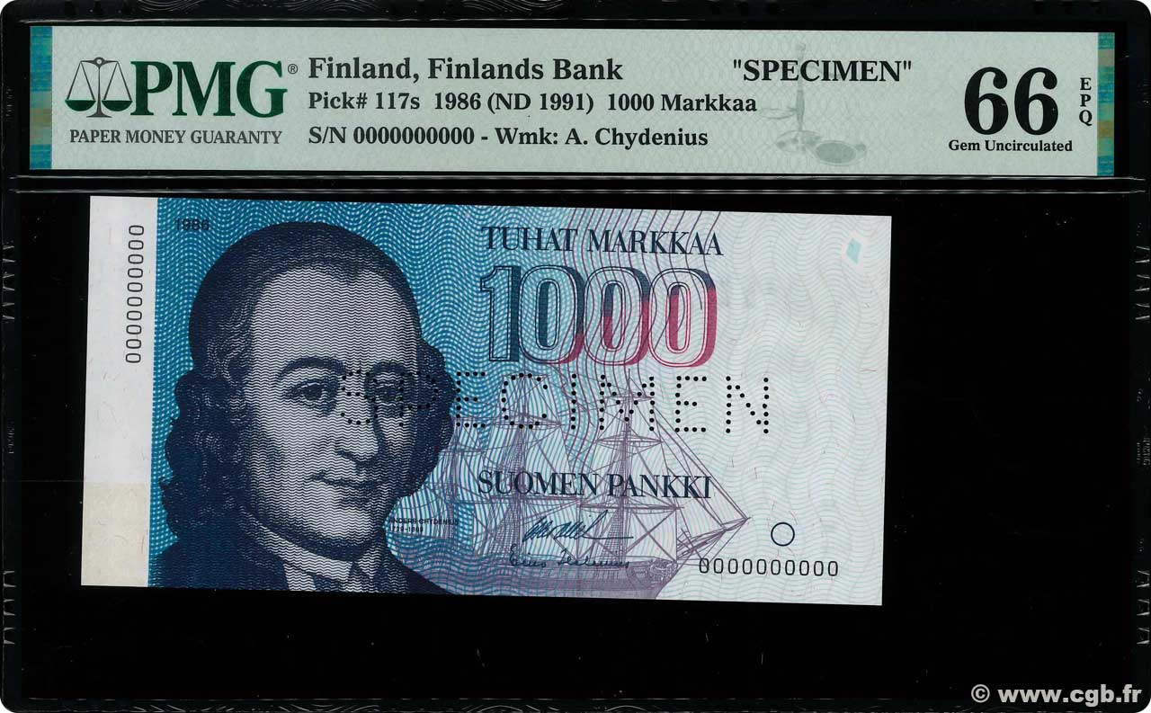 1000 Markkaa Spécimen FINLANDE  1986 P.117s NEUF