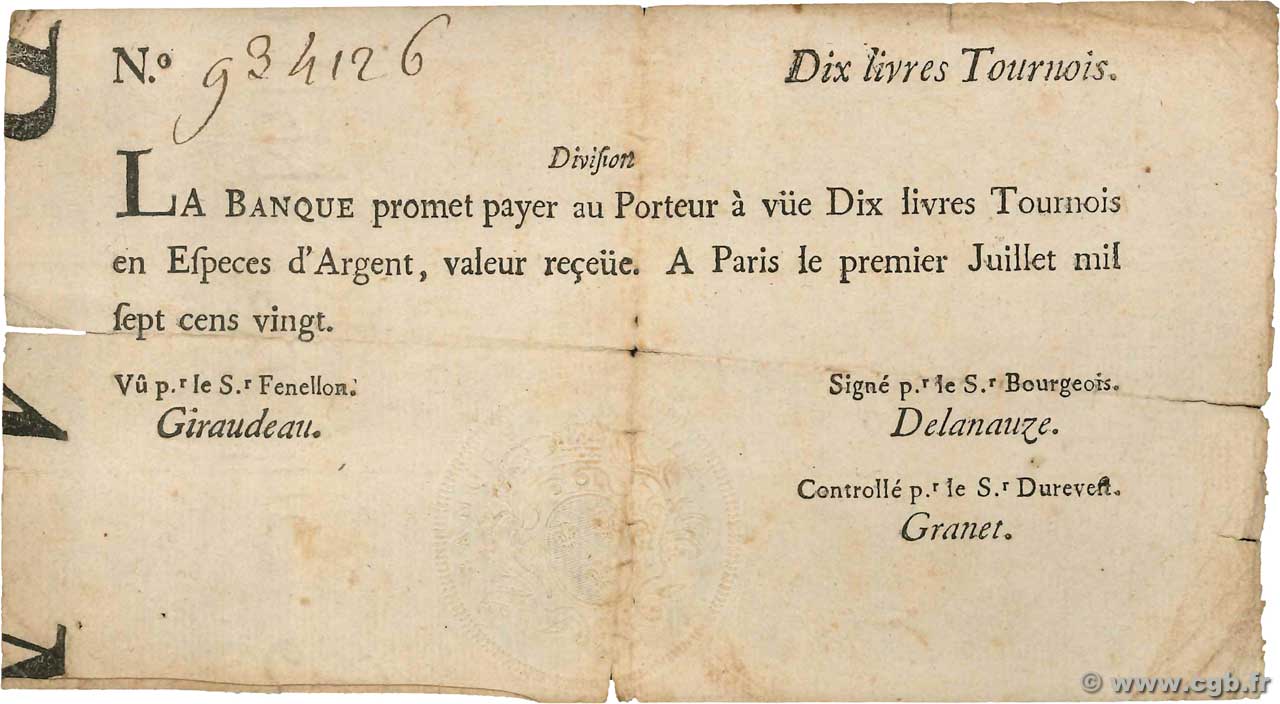 10 Livres Tournois typographié FRANCE  1720 Dor.22 TB
