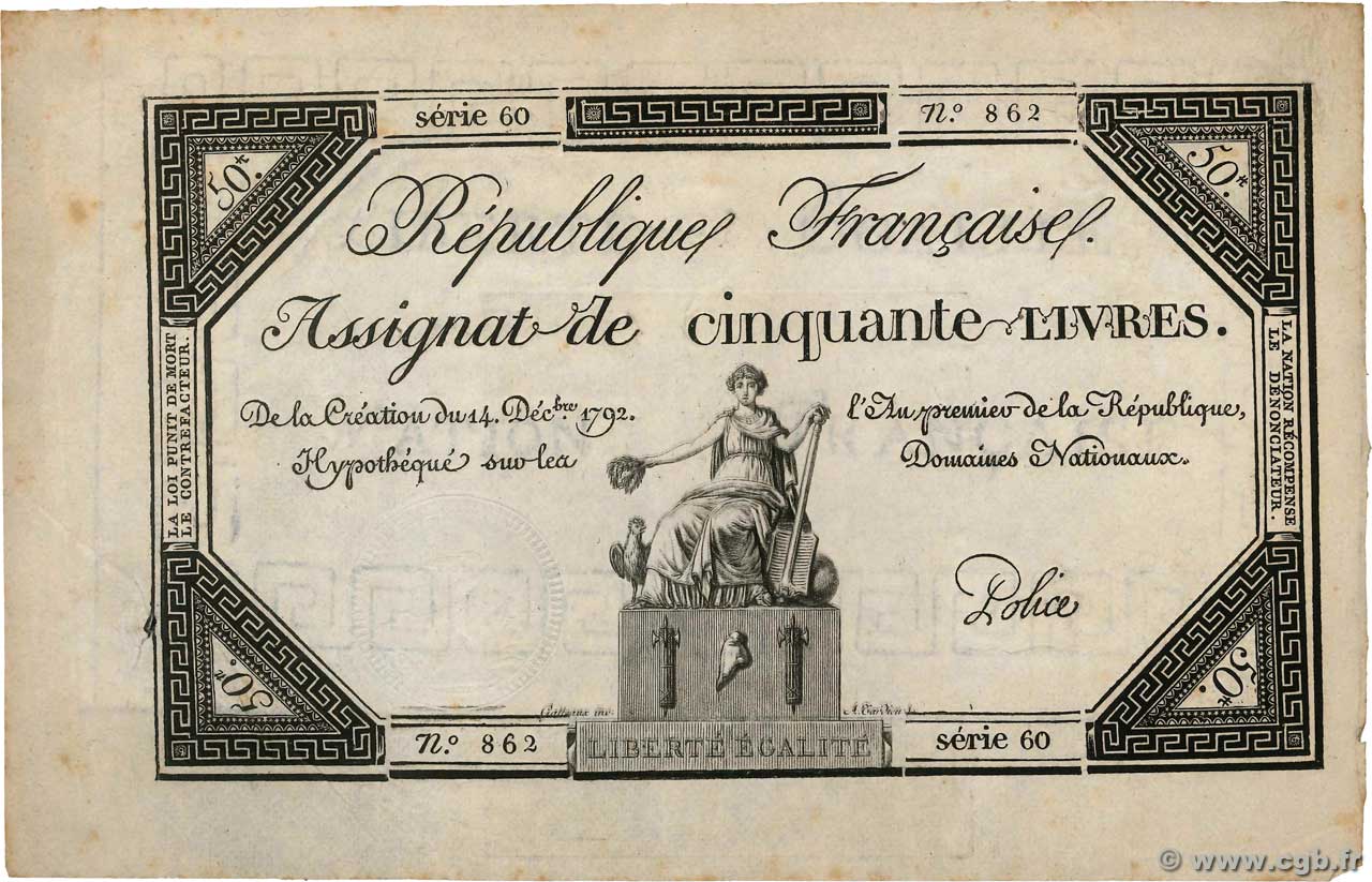 50 Livres FRANKREICH  1792 Ass.39a VZ