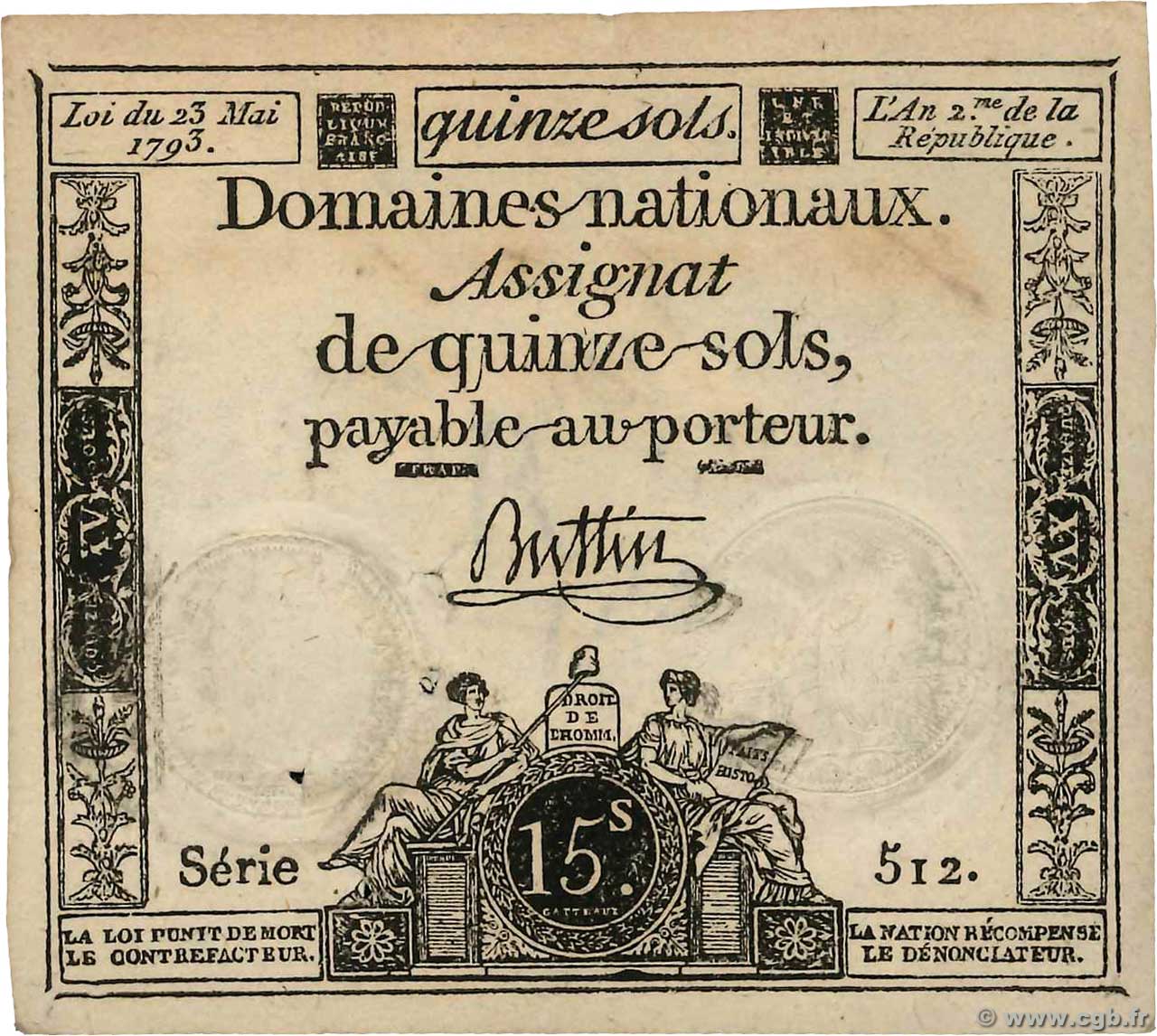 15 Sols Vérificateur FRANCE  1793 Ass.41v SUP