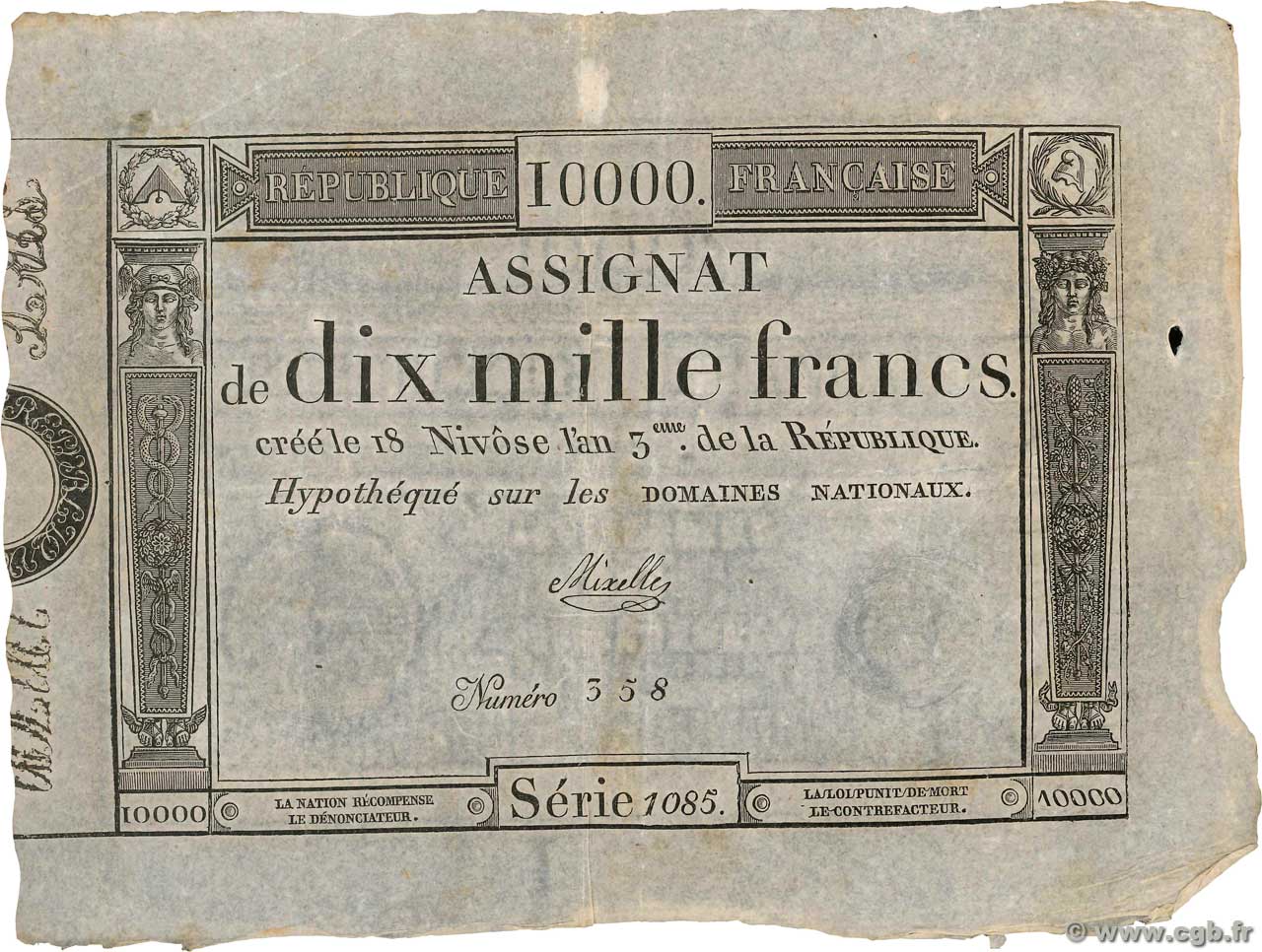 10000 Francs FRANCE  1795 Ass.52a XF-