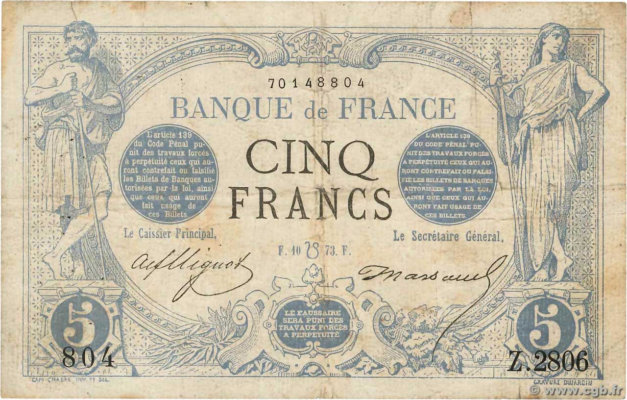 5 Francs Noir France 1873 F 01 Banknotes