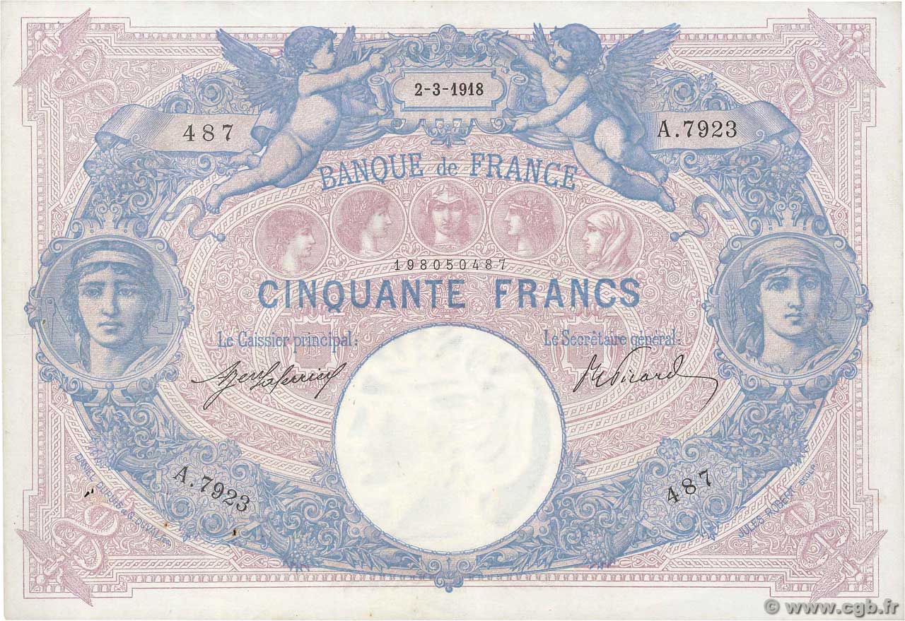 50 Francs BLEU ET ROSE FRANCE  1918 F.14.31 VF