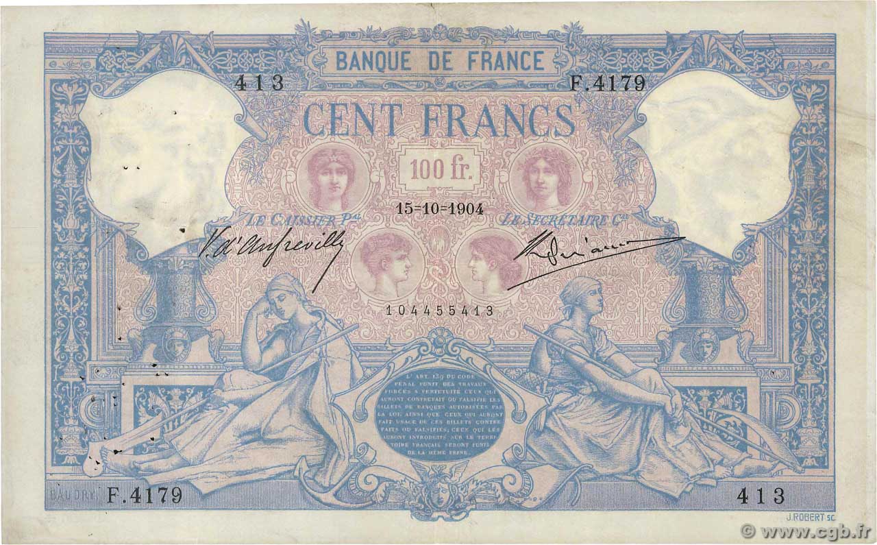 100 Francs BLEU ET ROSE FRANCE  1904 F.21.18 VF