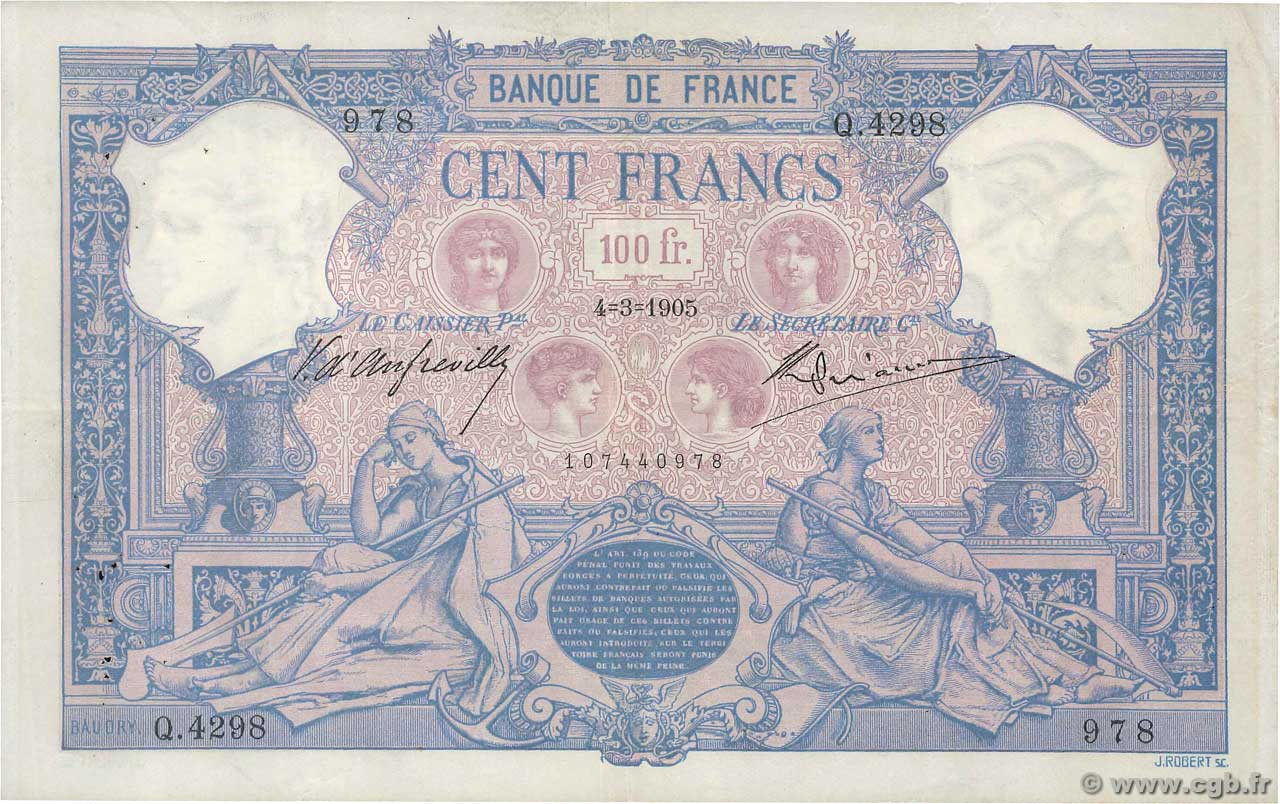 100 Francs BLEU ET ROSE FRANCE  1905 F.21.19 TTB+