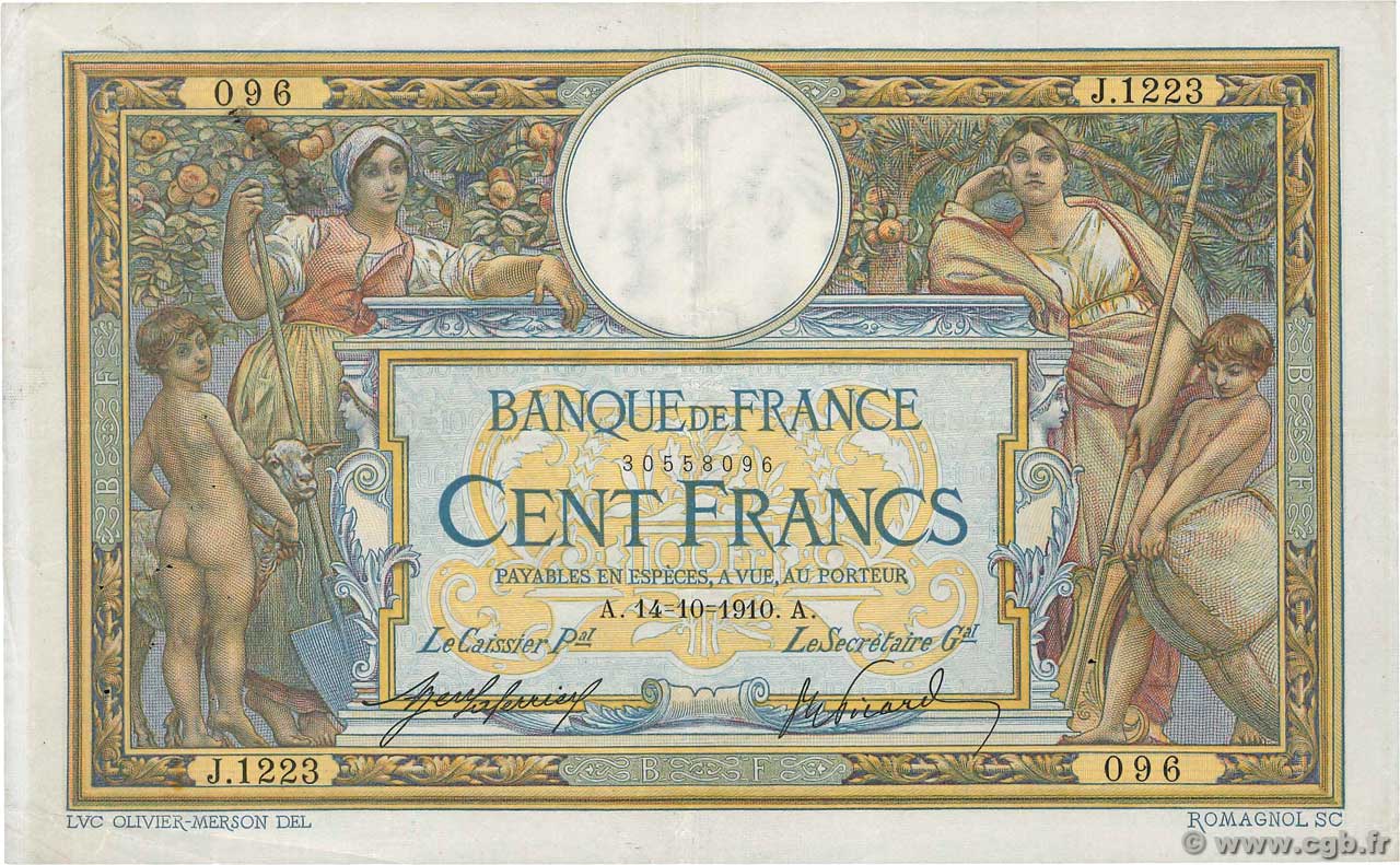 100 Francs LUC OLIVIER MERSON sans LOM FRANCIA  1910 F.23.02 MBC