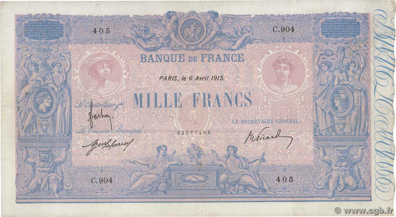 1000 Francs BLEU ET ROSE FRANCIA  1915 F.36.29 MBC