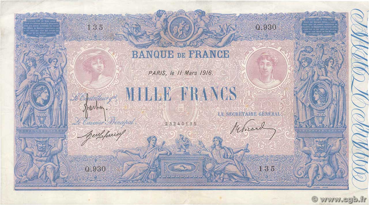 1000 Francs BLEU ET ROSE FRANKREICH  1916 F.36.30 SS