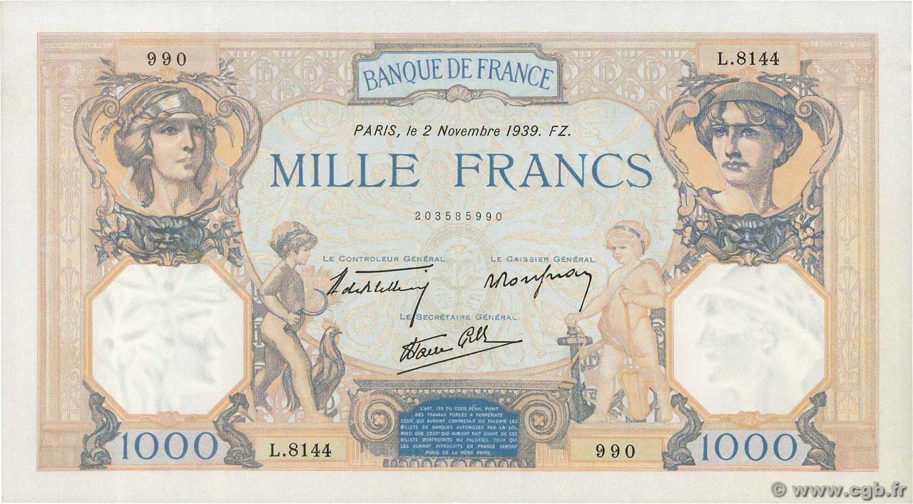 1000 Francs CÉRÈS ET MERCURE type modifié FRANKREICH  1939 F.38.38 fST