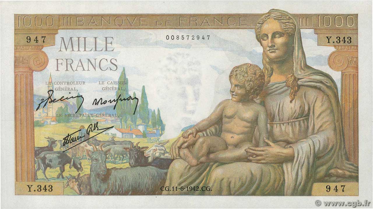 1000 Francs DÉESSE DÉMÉTER FRANCIA  1942 F.40.02 q.FDC