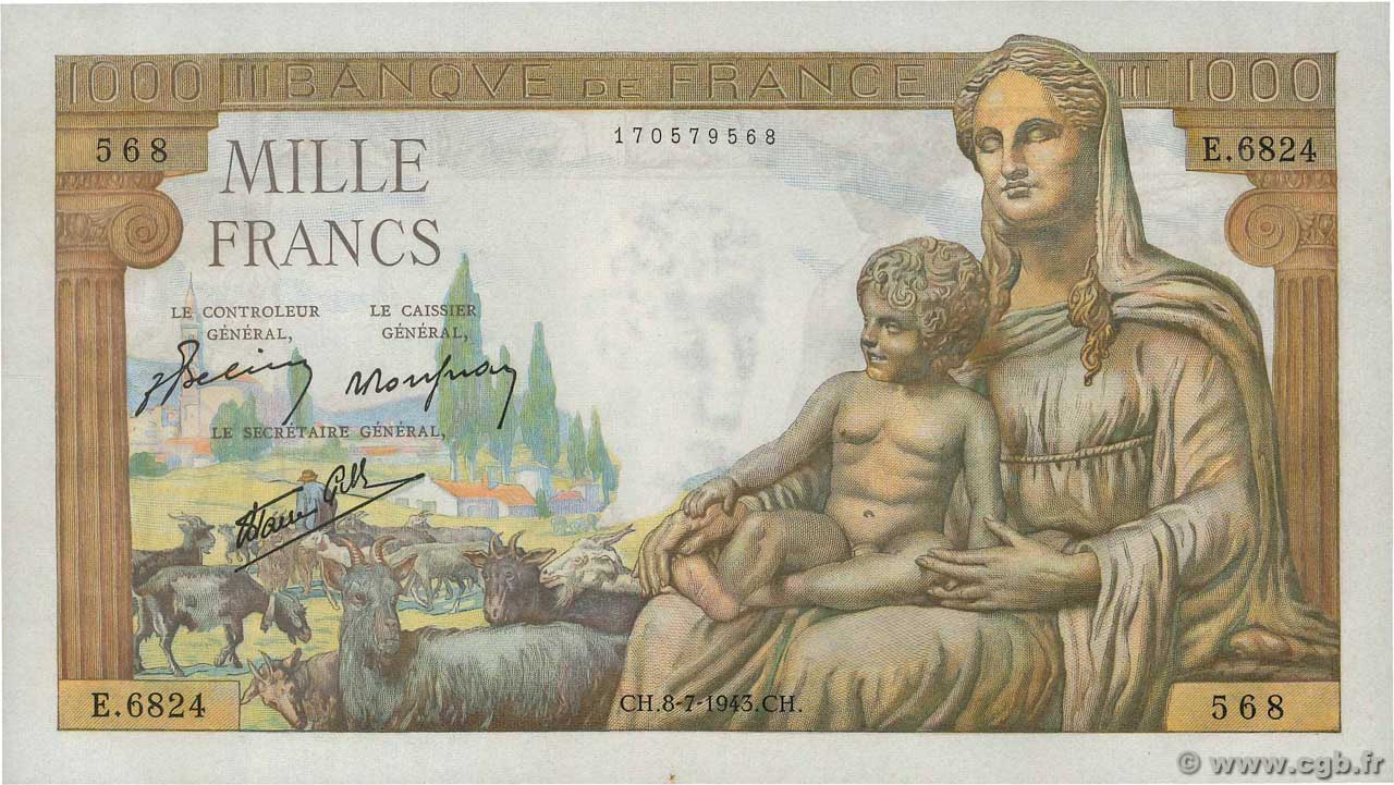 1000 Francs DÉESSE DÉMÉTER FRANCIA  1943 F.40.29 AU+
