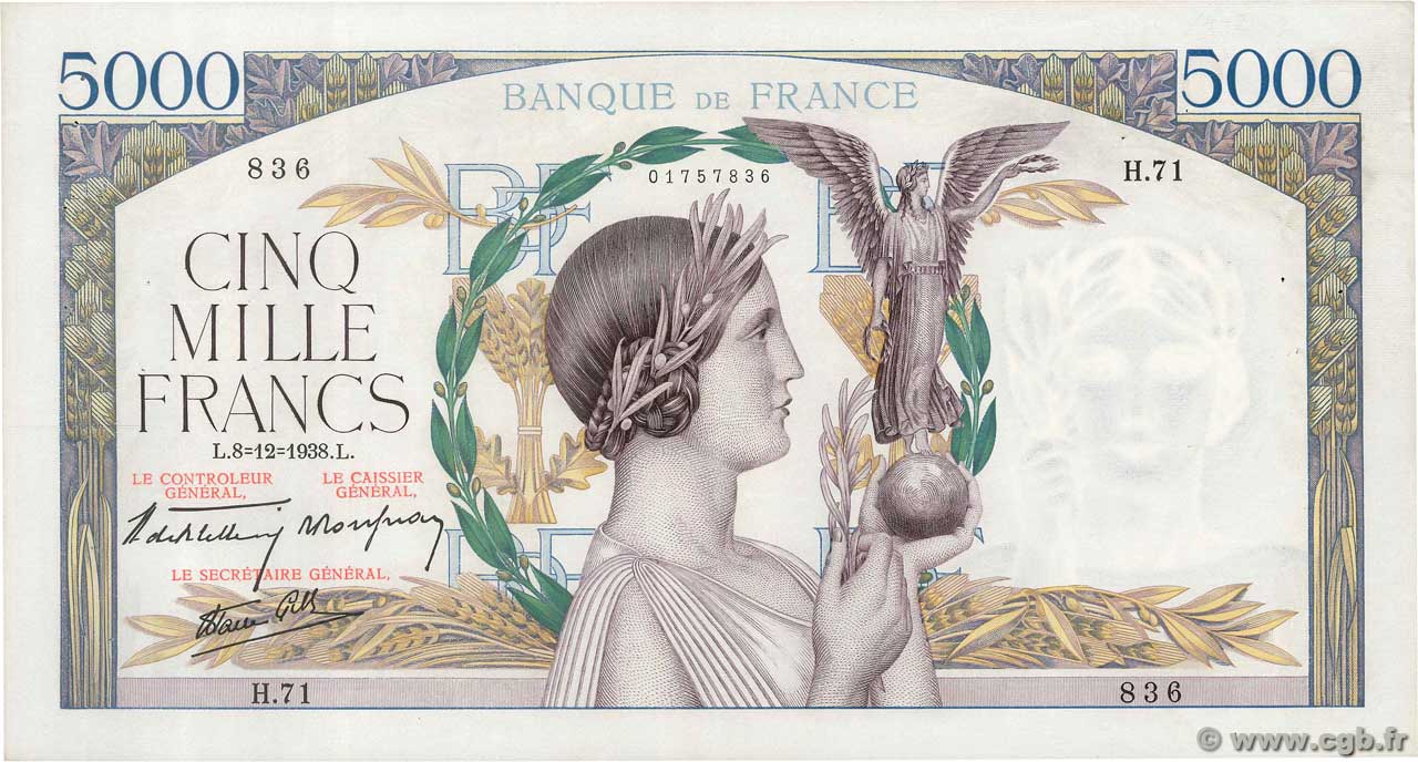5000 Francs VICTOIRE Impression à plat FRANCIA  1938 F.46.01 MBC+