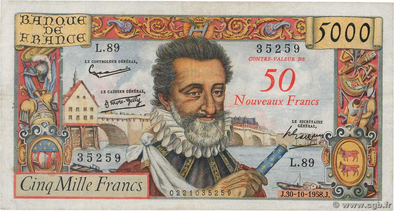 50 NF sur 5000 Francs HENRI IV FRANCE  1958 F.54.01 TB+