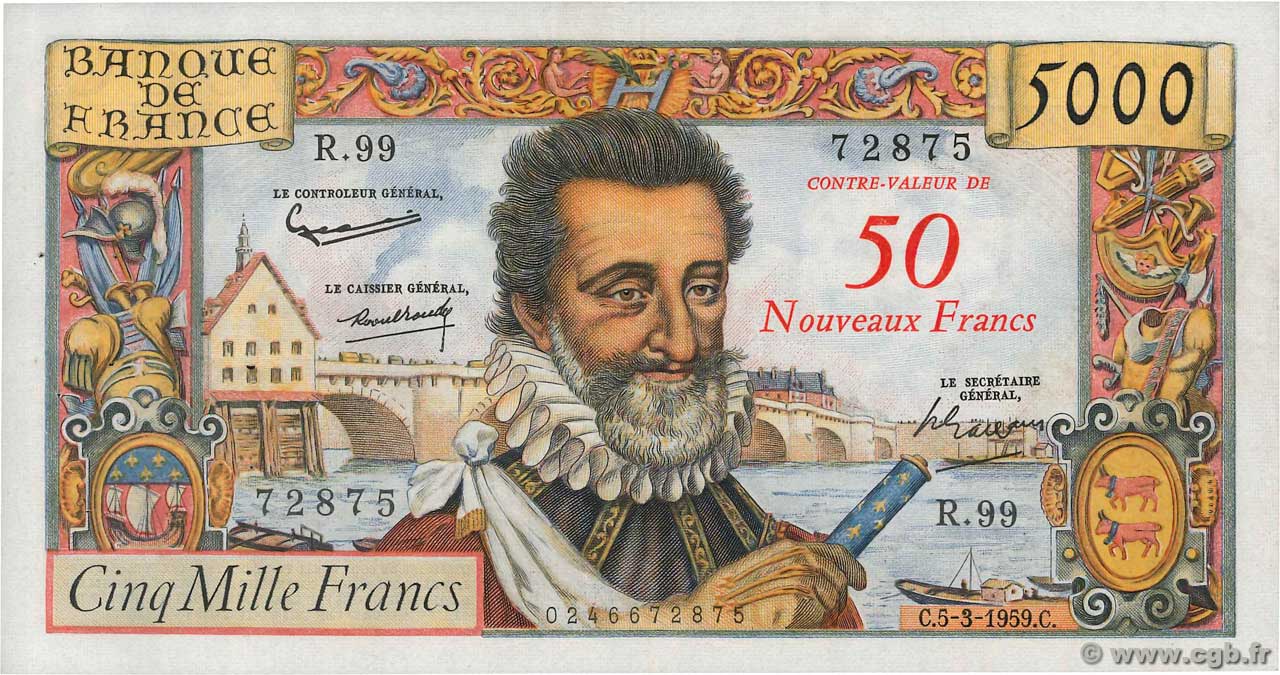 50 NF sur 5000 Francs HENRI IV FRANCE  1959 F.54.02 VF+