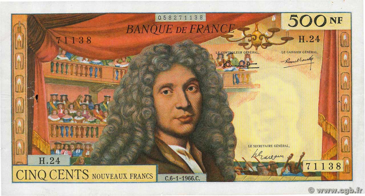 500 Nouveaux Francs MOLIÈRE FRANCE  1966 F.60.09 pr.TTB