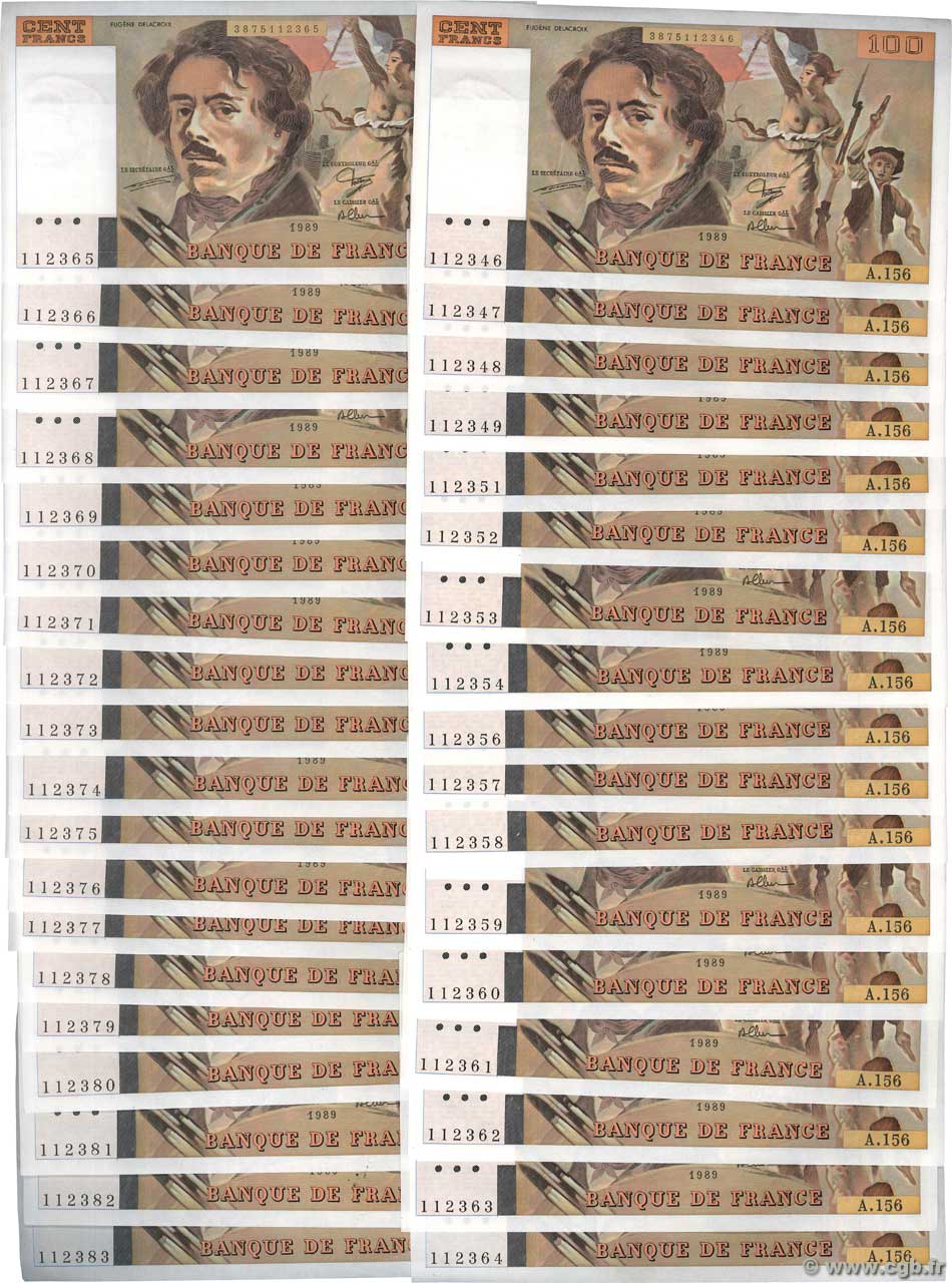 100 Francs DELACROIX modifié Consécutifs FRANCE  1989 F.69.13d pr.NEUF