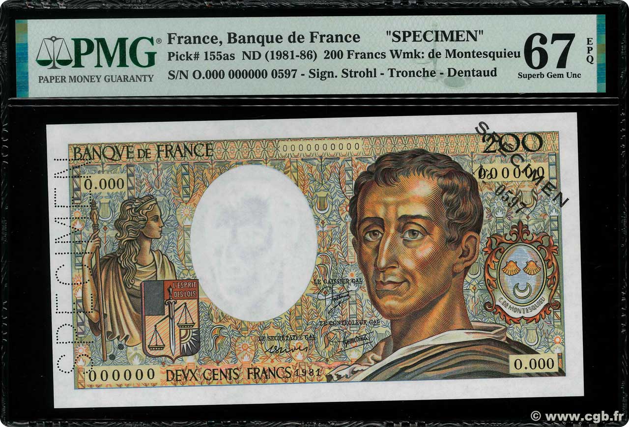 200 Francs MONTESQUIEU Spécimen FRANKREICH  1981 F.70.01Spn fST