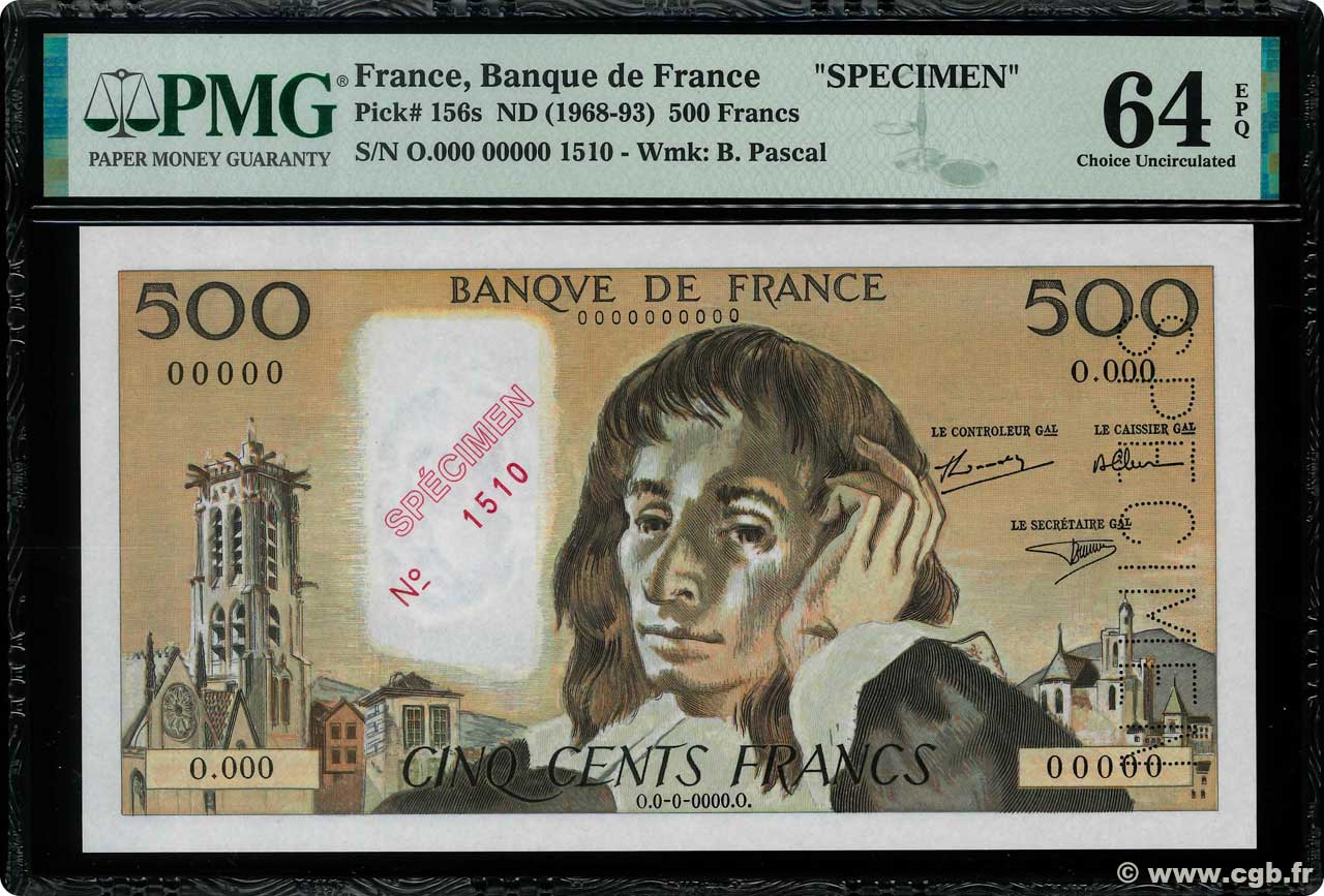 500 Francs PASCAL Spécimen FRANKREICH  1991 F.71.01Spn fST+