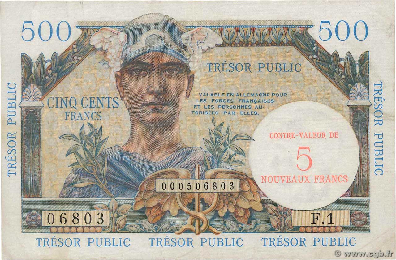 5NF sur 500 Francs TRÉSOR PUBLIC FRANKREICH  1960 VF.37.01 fSS