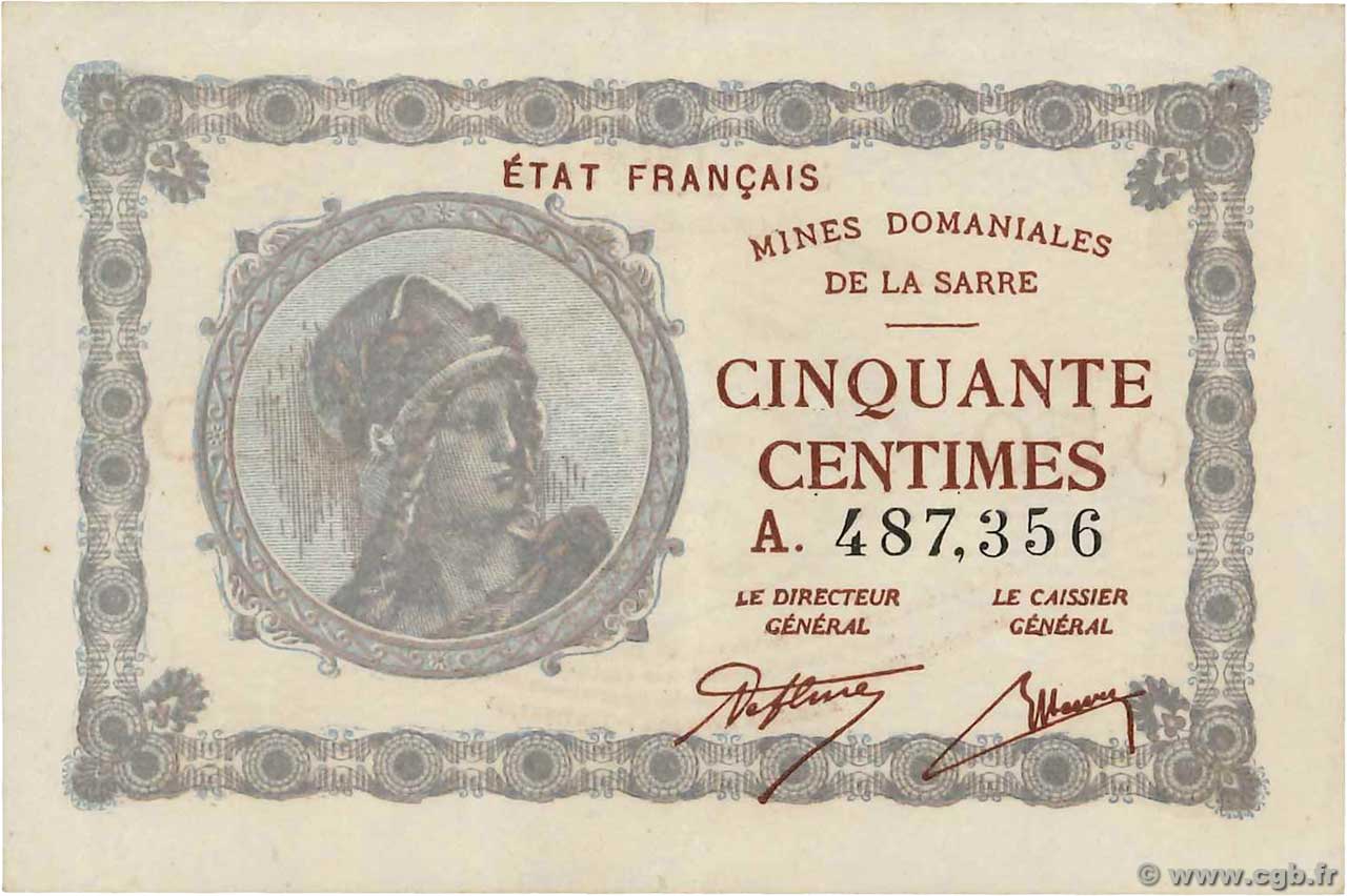 50 Centimes MINES DOMANIALES DE LA SARRE FRANCE  1920 VF.50.01 XF