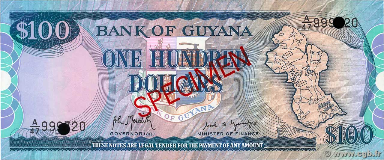 100 Dollars Spécimen GUYANA  1989 P.28s ST