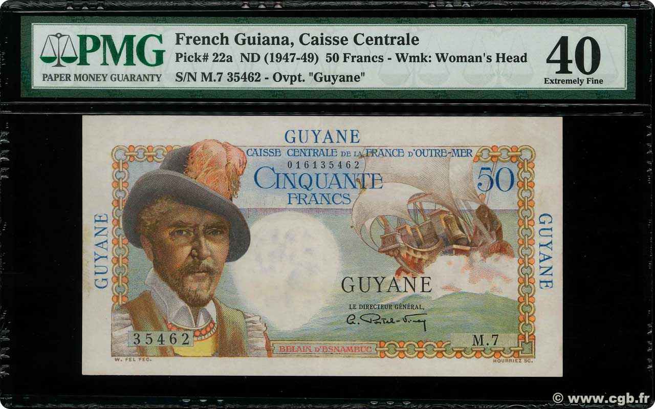 50 Francs Belain d Esnambuc FRENCH GUIANA  1946 P.22a XF-