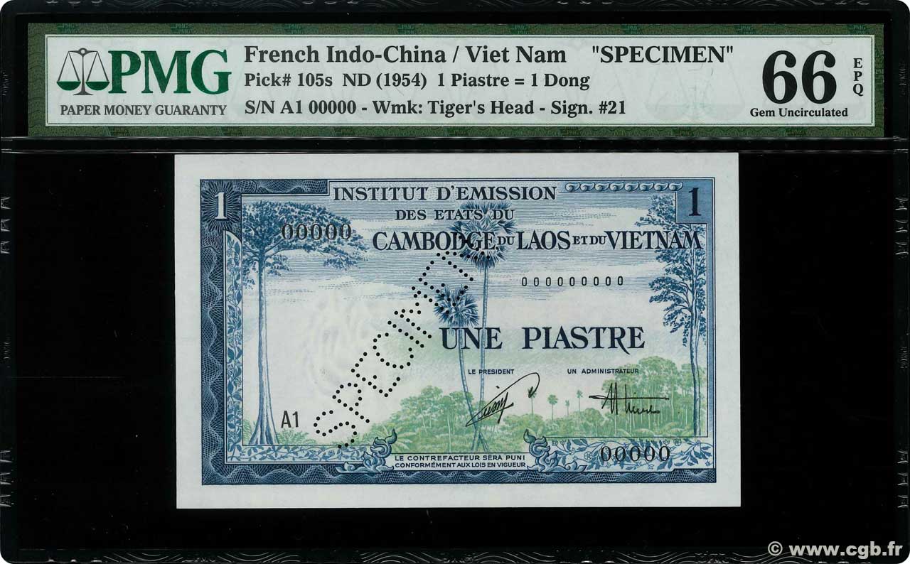 1 Piastre - 1 Dong Spécimen FRENCH INDOCHINA  1954 P.105s UNC-