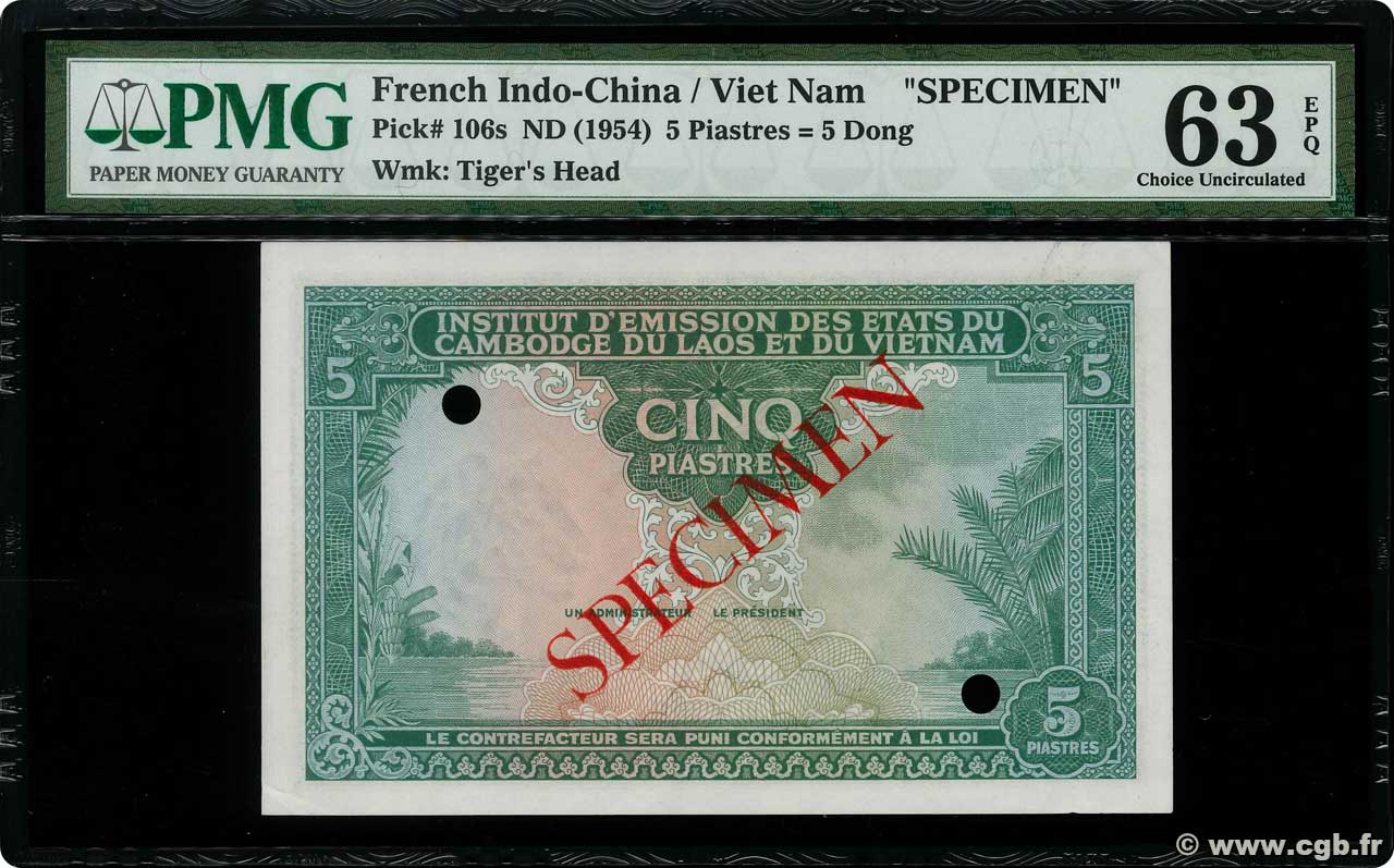 5 Piastres - 5 Dong Spécimen FRENCH INDOCHINA  1953 P.106s UNC-