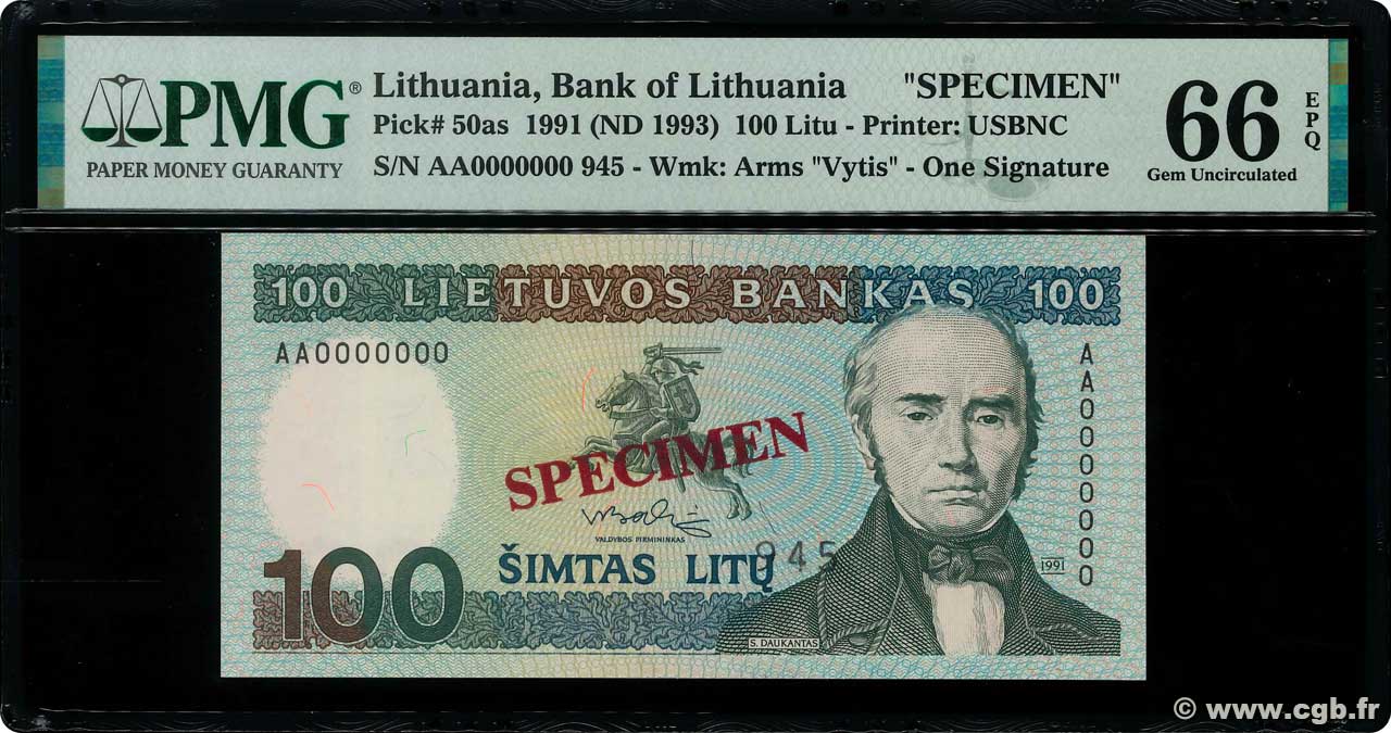 100 Litu Spécimen LITHUANIA  1991 P.50as UNC