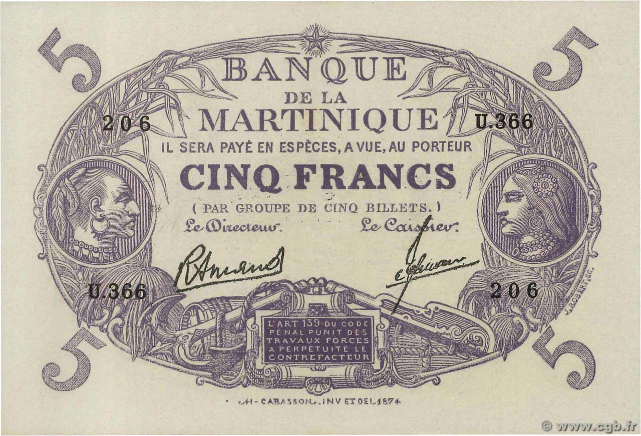 5 Francs Cabasson violet MARTINIQUE  1945 P.06 FDC