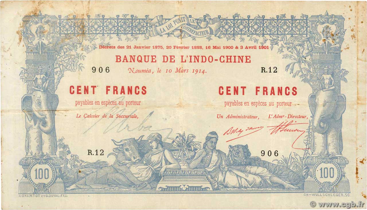 100 Francs NOUVELLE CALÉDONIE  1914 P.17 BC+