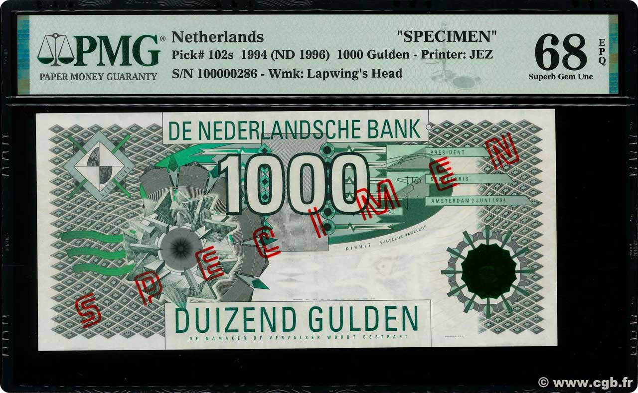 1000 Gulden Spécimen NIEDERLANDE  1994 P.102s ST