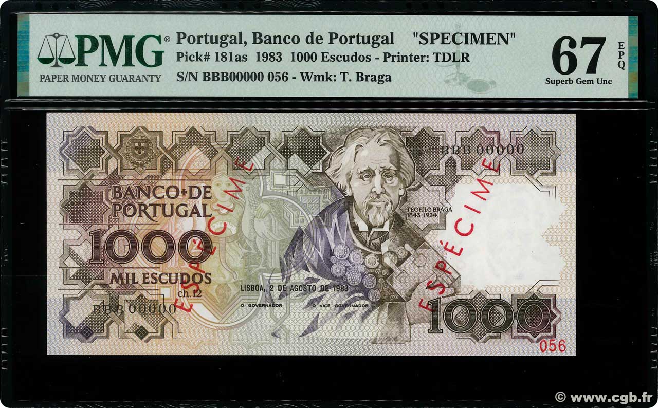 1000 Escudos Spécimen PORTUGAL  1983 P.181as UNC
