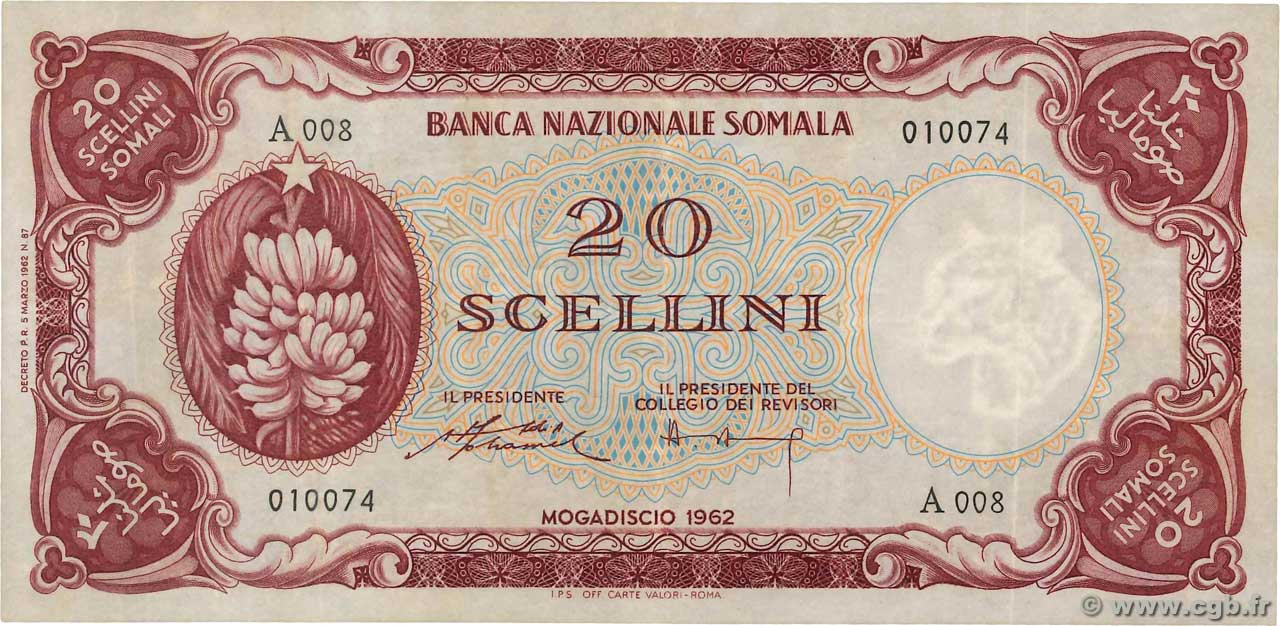 20 Scellini = 20 Somali Shillings

 SOMALIA  1962 P.03a fVZ