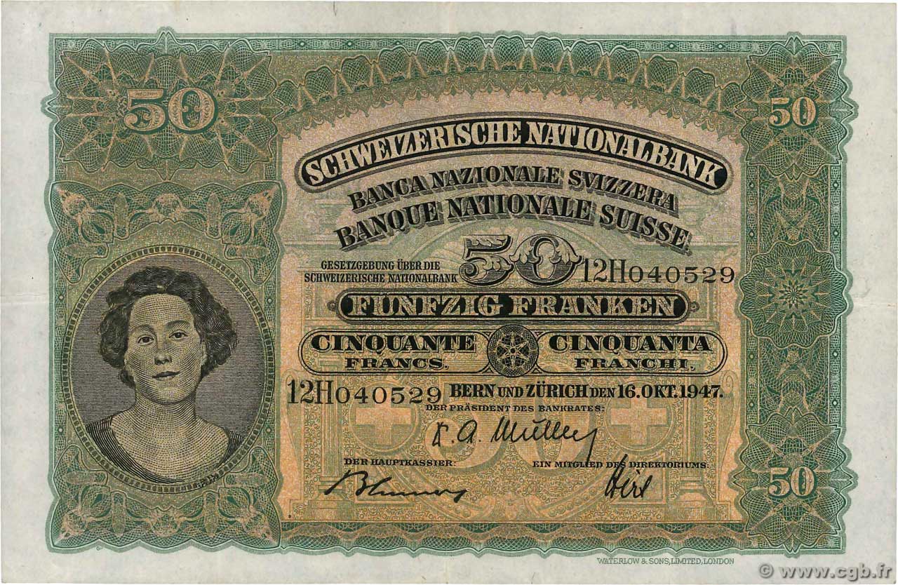 50 Francs SWITZERLAND  1947 P.34o VF+