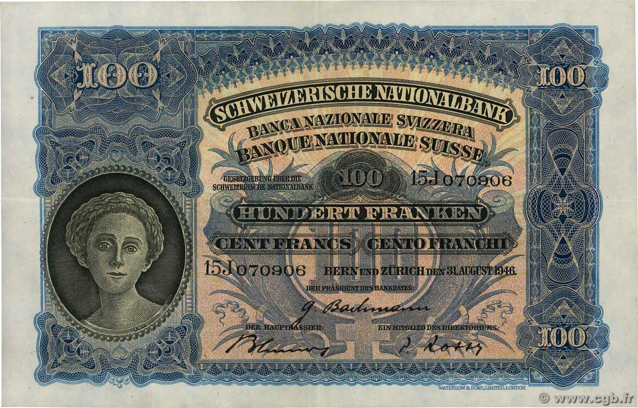 100 Francs SWITZERLAND  1946 P.35t XF