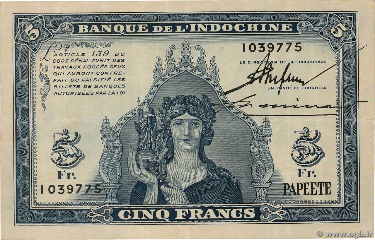 5 Francs TAHITI  1944 P.19a fVZ